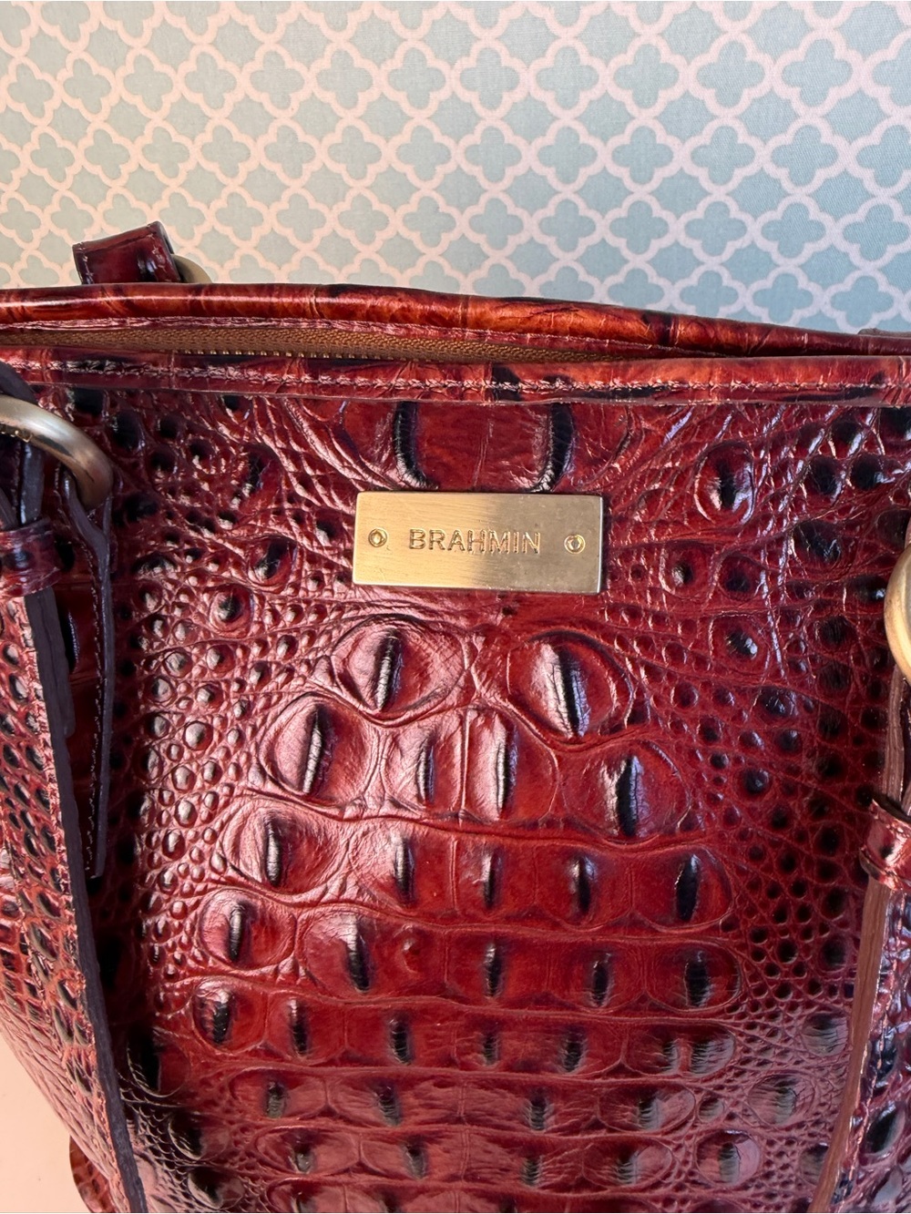 Brahmin Croc-Embossed Leather Shoulder Tote in Bordeaux Red